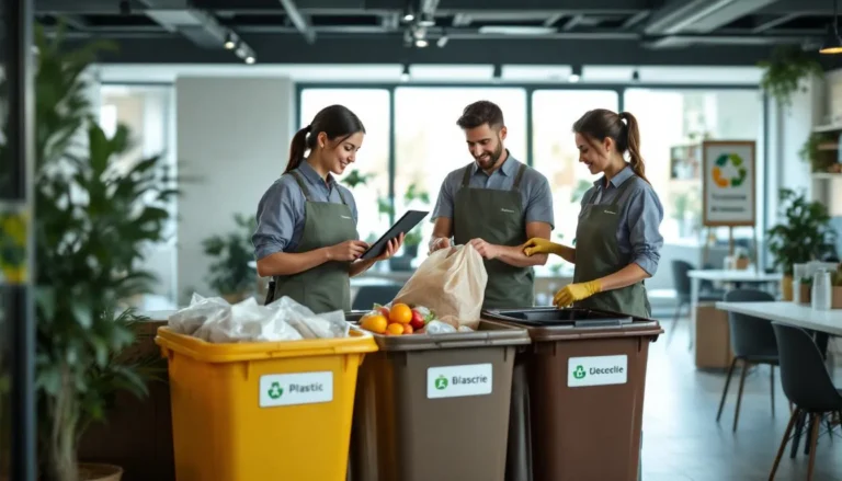 Agents France Clean organisant le tri des déchets dans un open space avec bacs de tri et bioseaux visibles