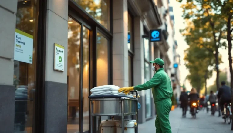 Nettoyage écologique d'une tour de bureaux à Paris, équipe en intervention avec chariot et contenants rechargeables