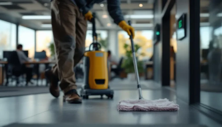 Agent de nettoyage utilisant une microfibre et aspirateur HEPA dans un open‑space lumineux, CO2 monitor visible