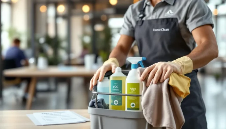 Professionnel du nettoyage avec chariot écolabellisé dans un bureau, mise en conformité COV