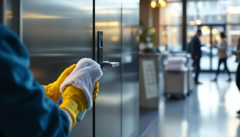 Agent France Clean désinfecte une poignée et un bouton d'ascenseur dans le hall d'un bureau