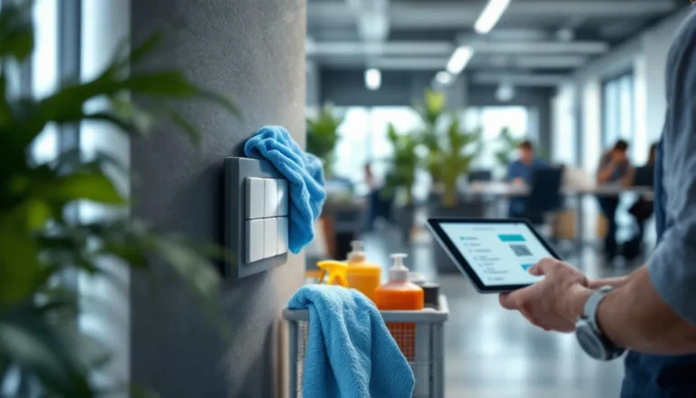 Technicien de nettoyage essuyant un interrupteur dans un open-space, chariot avec produits éco et checklist sur tablette visible