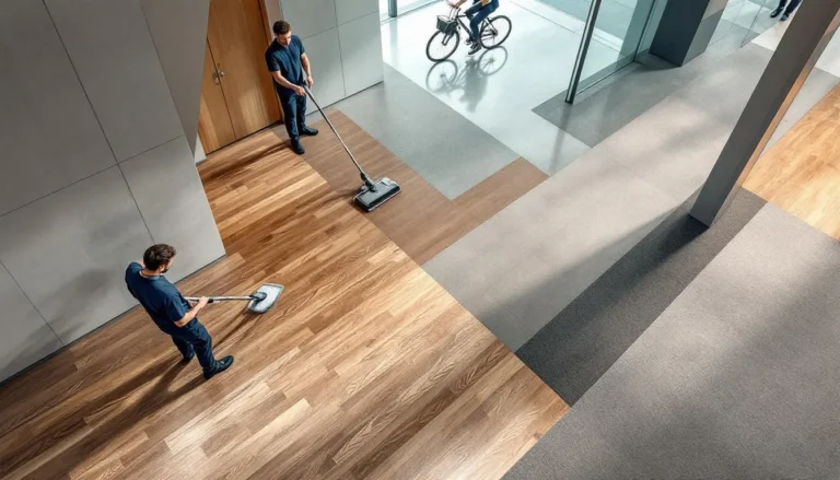 Nettoyage professionnel de sols : parquet, carrelage, lino, béton ciré et moquette dans un hall