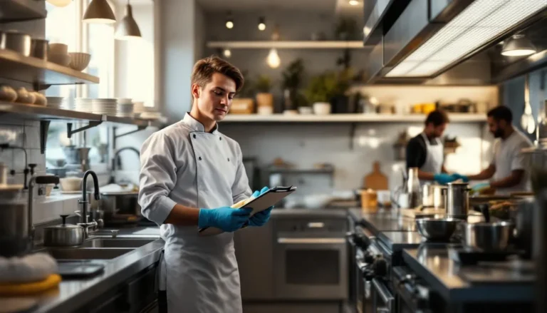Agent France Clean nettoyant une cuisine de restaurant parisien avec checklist HACCP visible