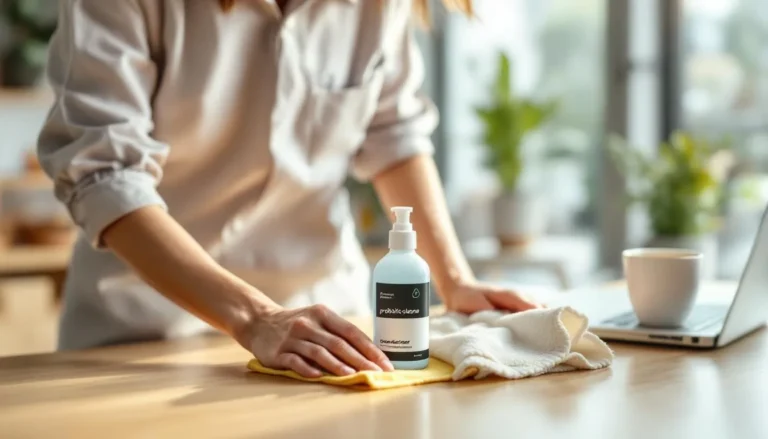 Agent France Clean appliquant un nettoyant probiotique sur une table, ambiance crèche/bureau lumineuse