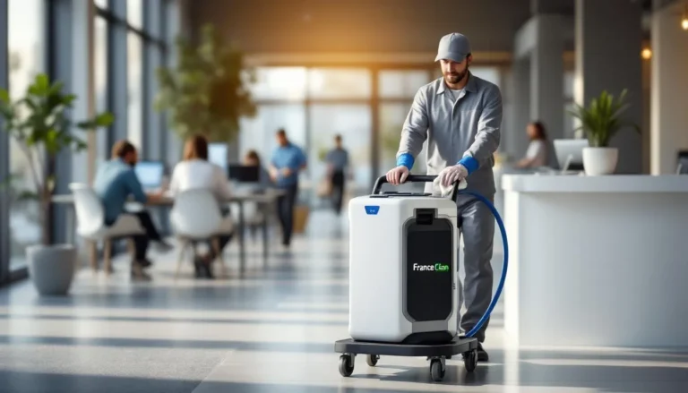 Agent de nettoyage en uniforme utilisant un chariot à eau ozonée dans un open space lumineux
