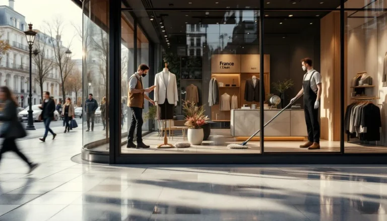 Boutique avec vitrine propre, sol carrelé brillant et technicien France Clean en intervention