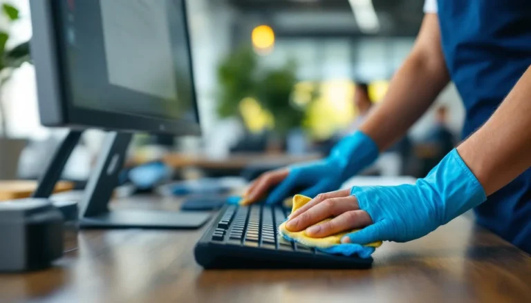 Technicien nettoyant un poste informatique en open space, clavier et écran en gros plan
