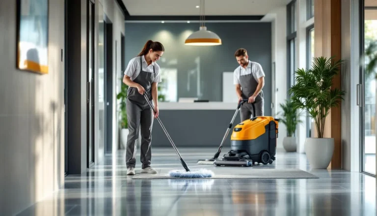 Hall de bureaux lumineux : agents effectuant balayage humide et aspiration des sols