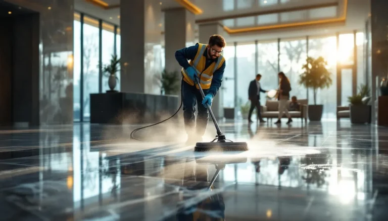 Agent France Clean utilisant une monobrosse pour la cristallisation d’un sol en marbre, reflet brillant dans le hall