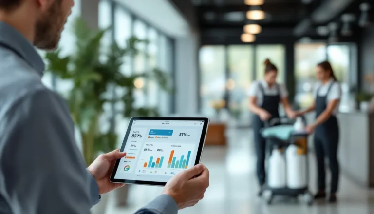 Tablette affichant un tableau de bord KPI de nettoyage avec équipe en intervention dans un hall de bureau