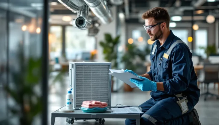 Technicien nettoyant une unité de climatisation et inspectant la VMC dans un local technique d'entreprise