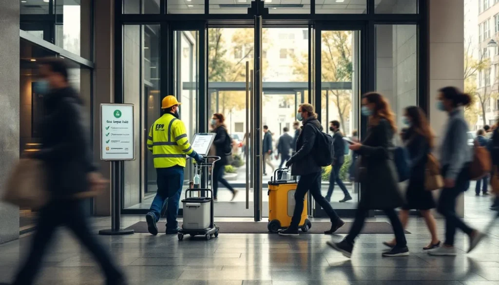 Nettoyage d'un ERP : agents en intervention sur le parvis, façade et usagers