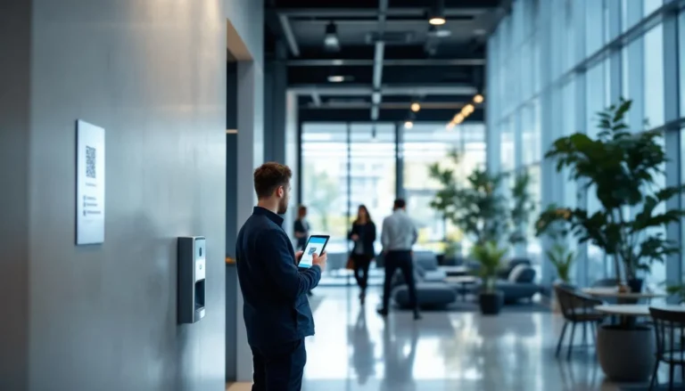 Technicien France Clean scannant un QR code dans un hall de bureaux équipé de capteurs IoT, dashboard de pilotage en surimpression