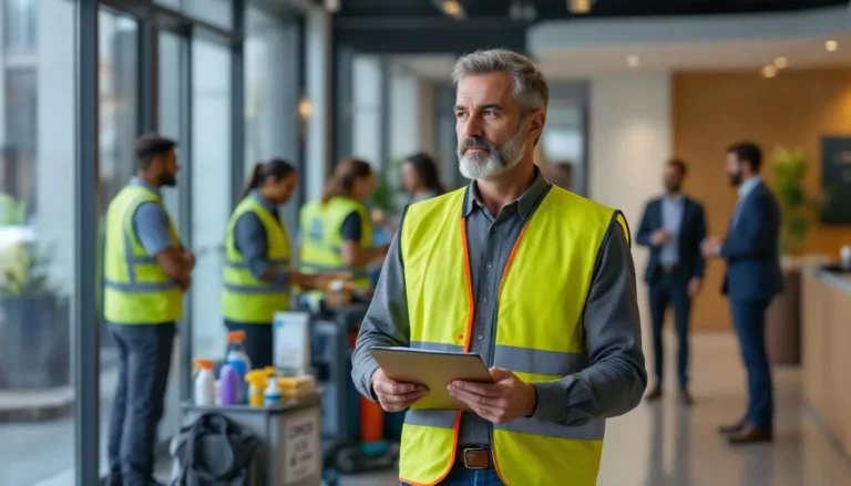 Chef d'équipe propreté encadrant une équipe de nettoyage dans le hall d'un bureau, clipboard et chariot de produits éco-labellisés