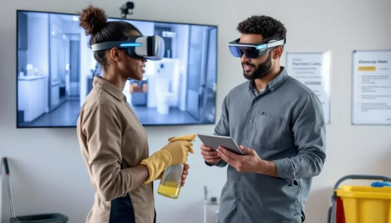 Formation réalité virtuelle pour agents de nettoyage en session pratique, formateur avec lunettes AR