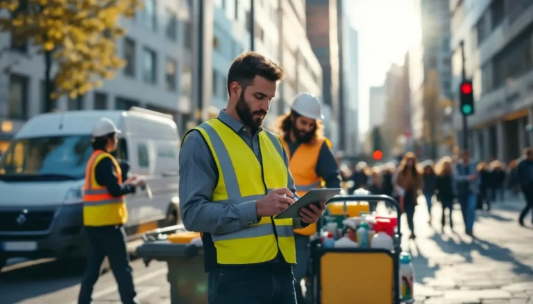 Manager coordonnant des équipes de nettoyage via une tablette affichant une carte d’optimisation de tournées, équipe et véhicule de service en milieu urbain