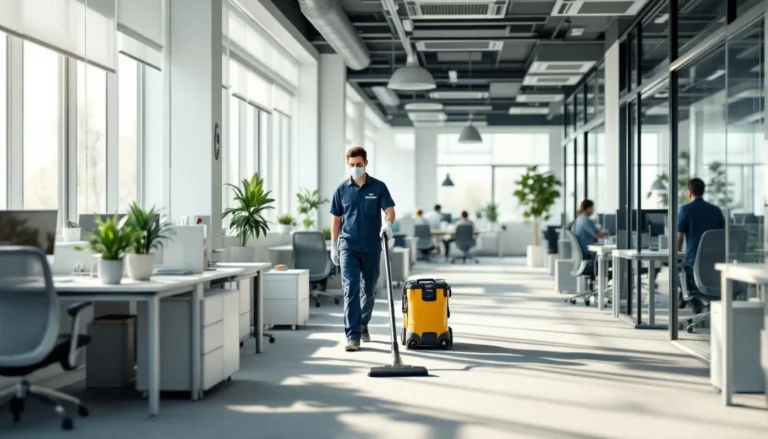 Agent France Clean aspirant avec un aspirateur HEPA dans un open space lumineux