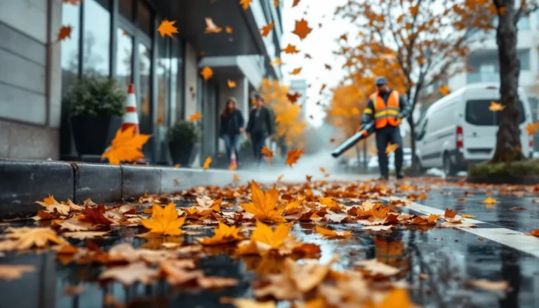 Équipe de nettoyage en automne devant une entrée d'immeuble, feuilles mortes et sol humide
