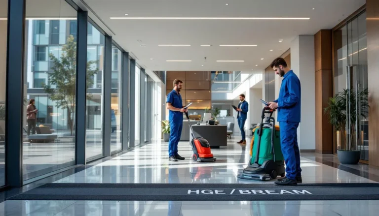 Nettoyage en immeuble certifié HQE/BREEAM/LEED : hall moderne, équipe en intervention et facility manager avec checklist