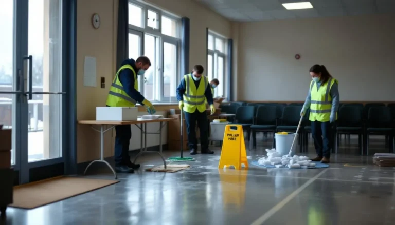 Agents de nettoyage remettant en état une salle de vote dans une école, double tapis d'entrée et urne sur table