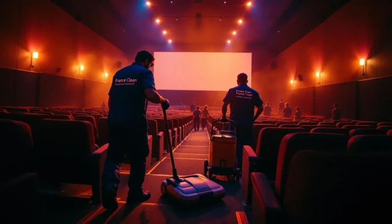 Équipe de nettoyage en action dans une salle de cinéma entre séances, chariot et aspiration