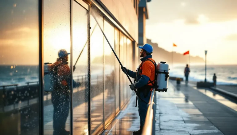 Laveur de vitres en bord de mer utilisant une perche à eau osmosée, façade vitrée et garde-corps inox avec traces de sel