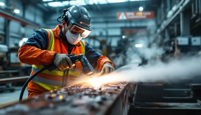 Technicien en équipement de sécurité effectuando un décapage laser industriel sur une structure métallique avec aspiration HEPA