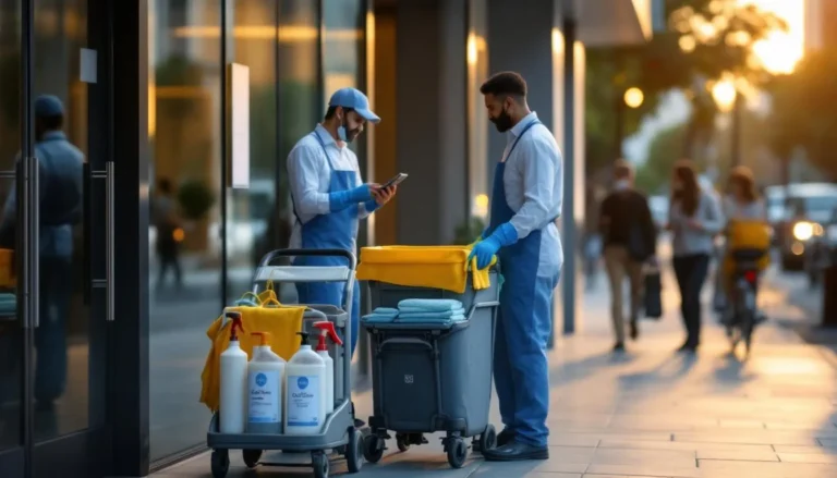 Équipe de nettoyage tôt le matin devant l'entrée d'un immeuble, chariot avec produits éco-responsables