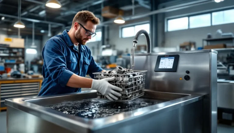 Technicien charge un bac à ultrasons industriel avec pièces métalliques dans un atelier