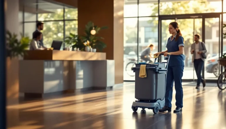 Agent de nettoyage en journée dans le hall d’un bureau, chariot compact et intervention discrète