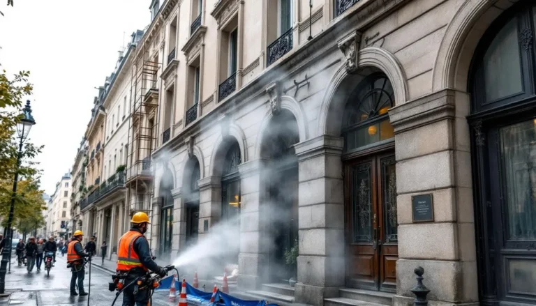 Hydrogommage sur façade haussmannienne, équipe en action et protections de chantier