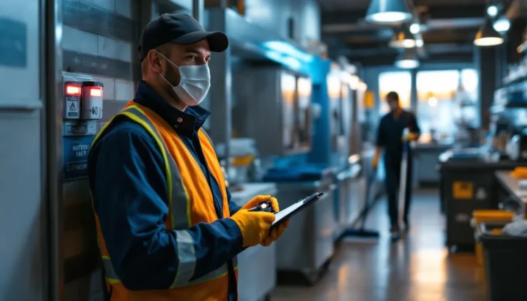 Technicien inspectant un local poubelles avec dispositifs anti-nuisibles et matériel de nettoyage — hygiène 3D intégrée