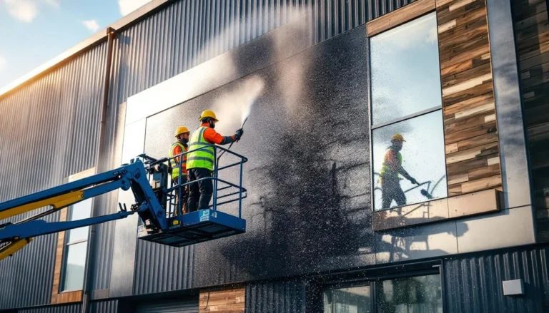 Nettoyage de bardages industriels : équipe en nacelle nettoyant une façade métallique