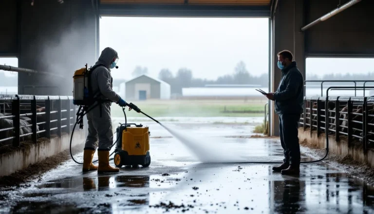 Opérateur en EPI nettoyant un bâtiment agricole avec nettoyeur haute pression, sol mouillé et serre en arrière-plan