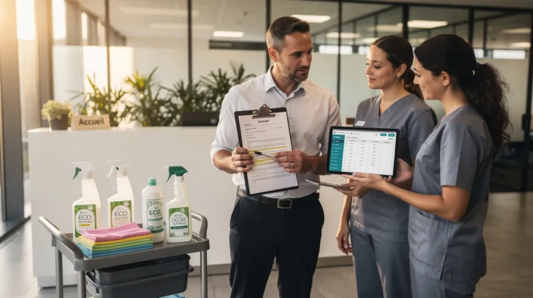 Facility manager et équipe de nettoyage discutant d’un avenant de fréquence dans un open space