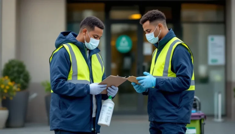 Agents de nettoyage en insertion devant un bâtiment public, supervisés avec clipboard et produits éco-labellisés