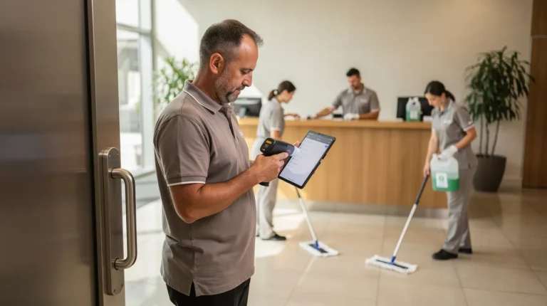 Inspecteur qualité avec tablette et ATP-mètre dans un hall de bureaux, nettoyage en cours