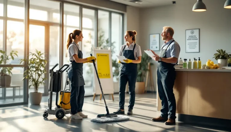 Agent de propreté avec chariot ergonomique et manager discutant dans un hall de bureau, inclusion et aménagement de poste