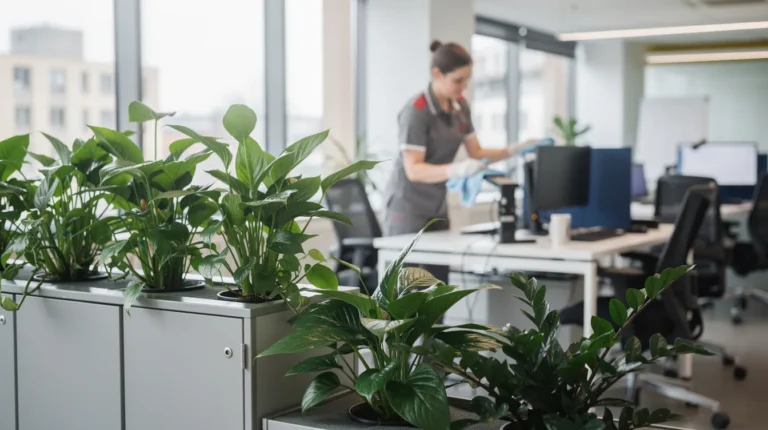 Entretien des plantes vertes au bureau avec nettoyage des feuilles par microfibre