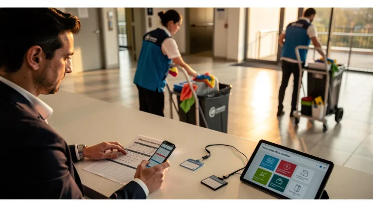 Continuité du nettoyage pendant les jours fériés et congés : planning et équipe en intervention dans un hall de bureaux