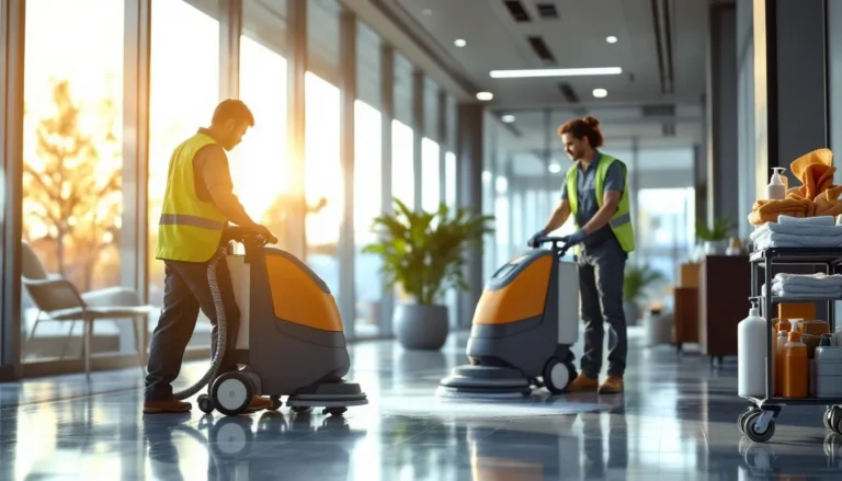 Technicien en uniforme utilisant une autolaveuse dans un hall de bureaux, monobrosse et chariot de ménage en arrière-plan