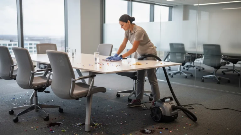 Nettoyage après pot d’entreprise dans un bureau, agent en remise en état et moquette légèrement tachée
