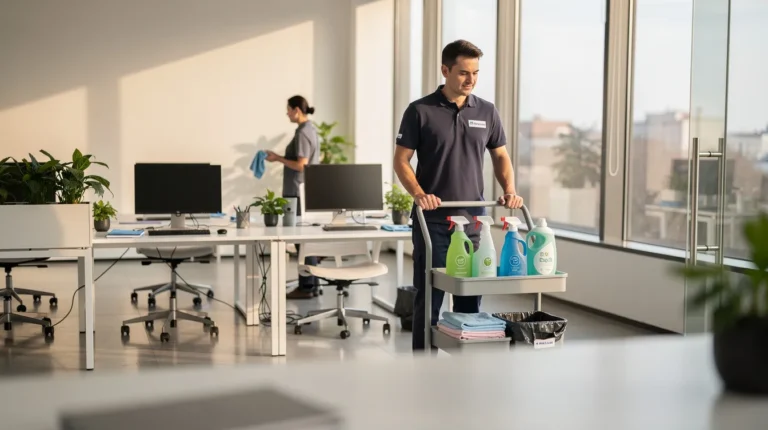 Open-space de bureaux avec agent de nettoyage France Clean en intervention et salarié nettoyant son poste
