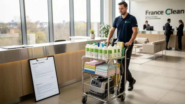 Technicien France Clean poussant un chariot de nettoyage avec produits écolabellisés et un contrat sur le bureau