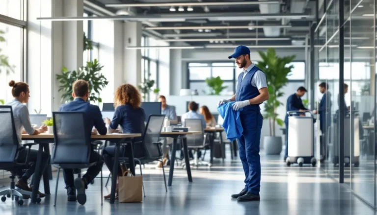Bureau propre et lumineux avec collaborateurs et agent de nettoyage discret