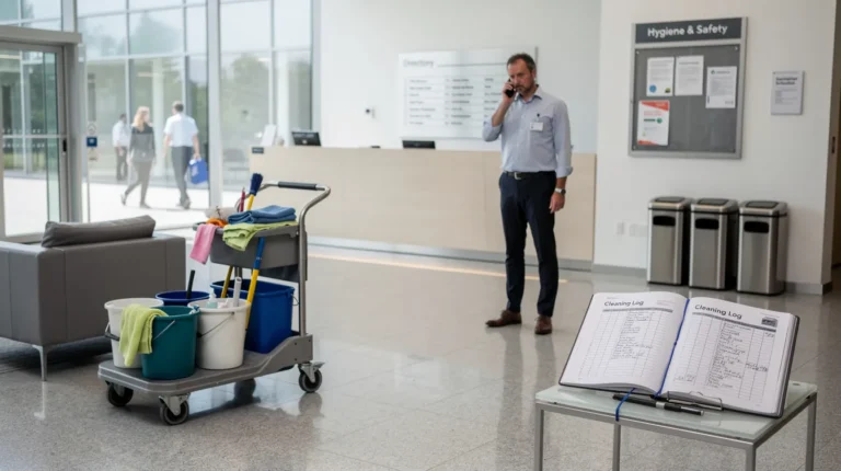 Hall d'entrée de bureau vide avec chariot de nettoyage abandonné et responsable au téléphone