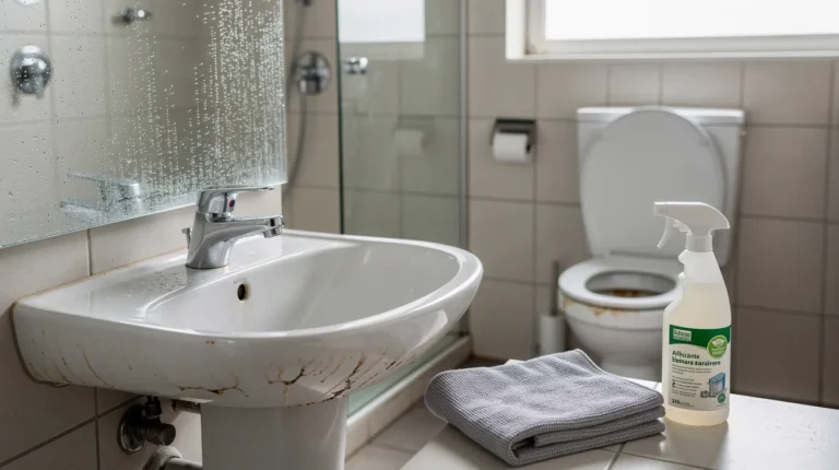 Traces de calcaire dans les sanitaires, robinetterie et WC marqués par l’eau dure