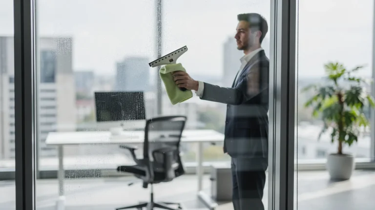Vitres de bureau sans traces, nettoyage professionnel en lumière naturelle