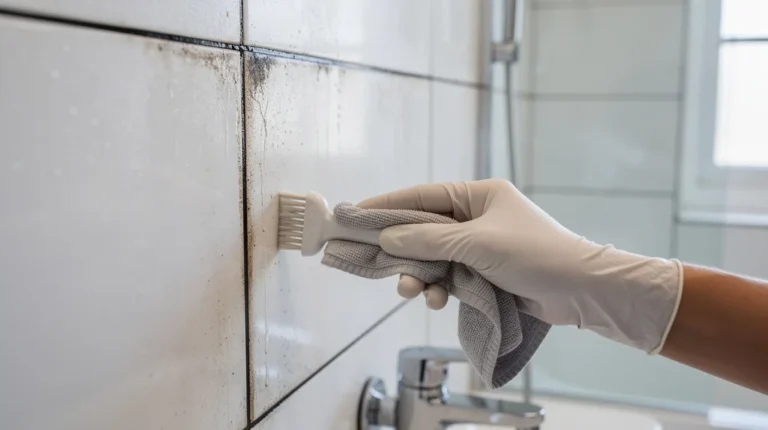 Joints de carrelage noircis dans une salle de bain, nettoyage professionnel en gros plan